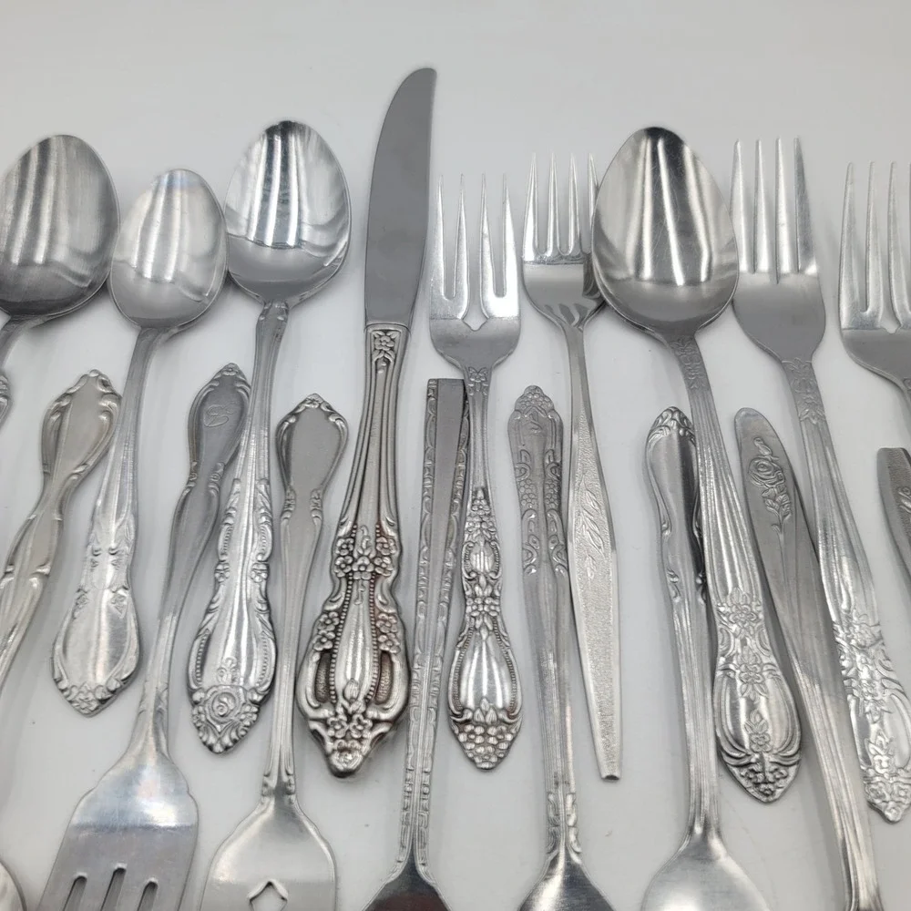 45pc Mixed Flatware Lot Ornate Floral Stainless Steel Silverware Forks Spoons